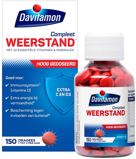 Davitamon Compleet Weerstand. Pot met 150 rode dragees. Met extra C en D3. Hoog gedoseerd.