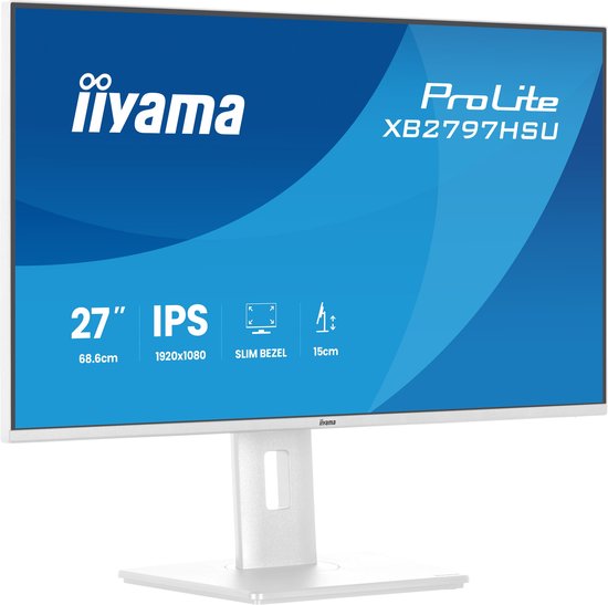 Witte iiyama ProLite XB2797HSU monitor, 27 inch, Full HD, IPS, slanke randen, hoogte verstelbaar tot 15cm.