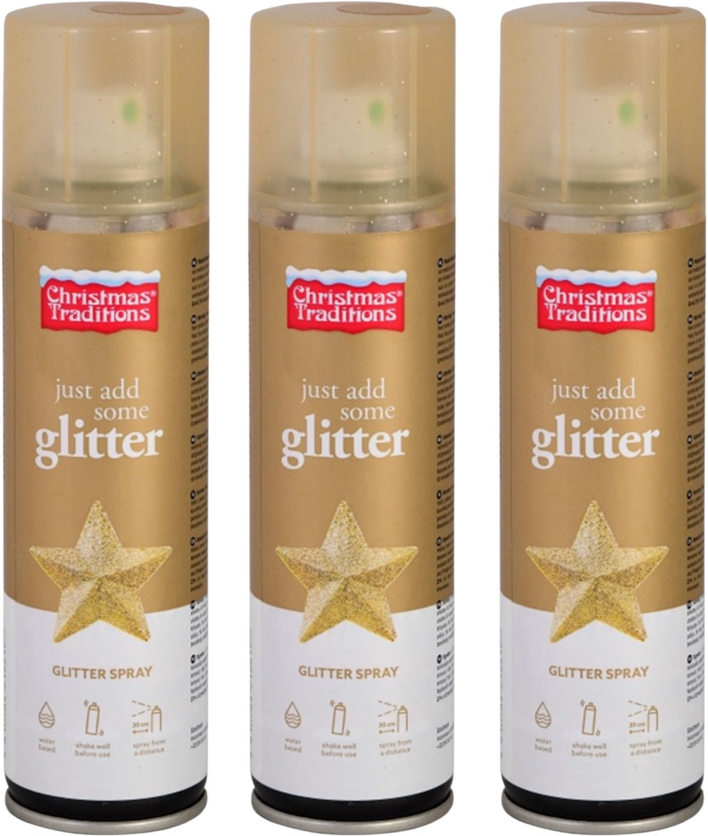 Christmas Traditions Decoratie spray - 3x - goud - glitter -150 ml - spuitbus - decospray