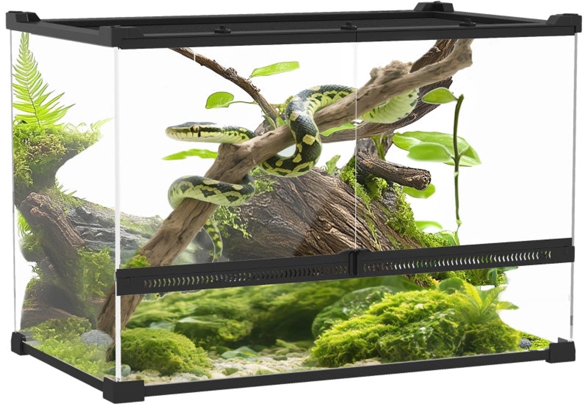 Merax Glazen Terrarium voor Reptielen - 50x30x35 cm - Verhoogde Waterdichte Bodem - Dubbele Voordeur - Knopslot - Ventilatiedeksel met Gaas - Zwart