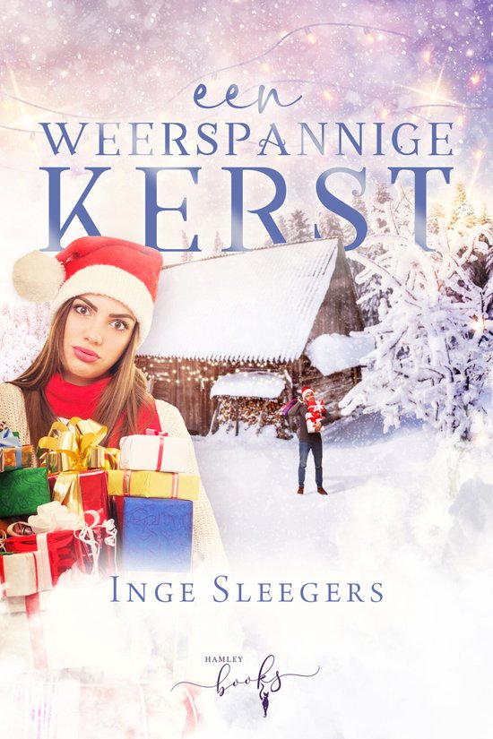 Een jonge vrouw met kerstmuts en kerstcadeaus, met op de achtergrond een winterlandschap met een huisje.