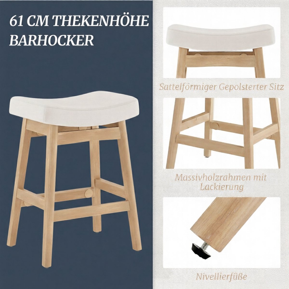 Barkrukken Set van 2 – House&Garden Nordic Linen 61 cm – Beige Stoffen Zitting – Houten Poten met Voetensteun – Moderne Keukenkrukken voor Kookeiland en Bar