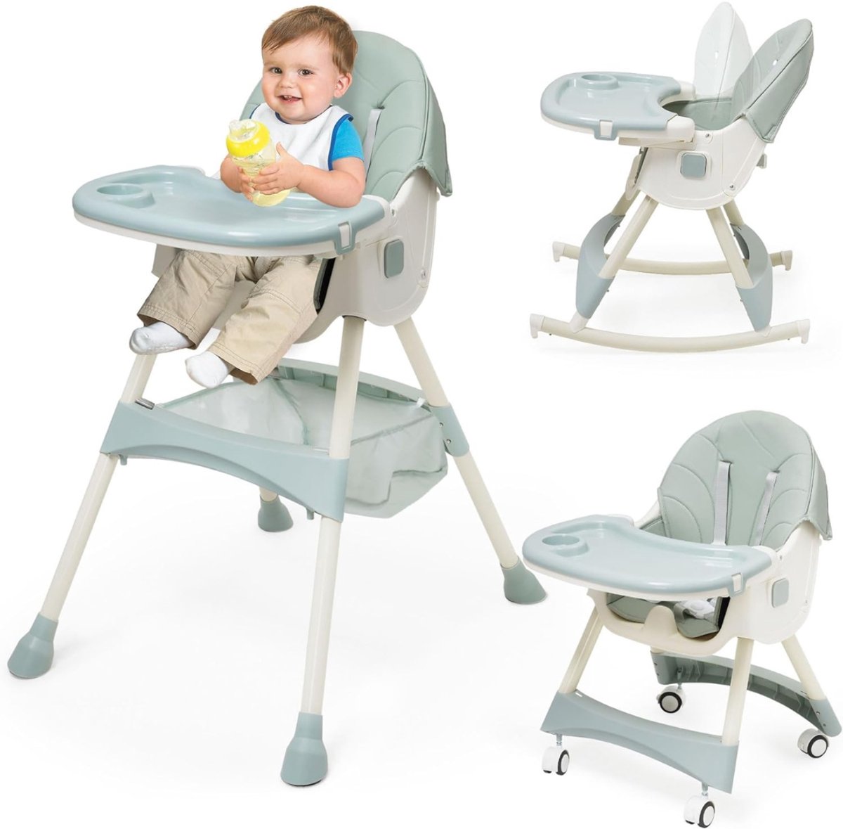 Zyrex® Kinder Eetstoel – 3-in-1 Babystoel Voor Aan Tafel Met Dienblad - Baby Stoel Voor Eten Met Wieltjes - Meegroei Kinderstoel - Groen - 94cm x 75cm x 60cm