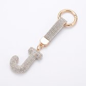 Zilverkleurige sleutelhanger met letter J en strass steentjes – initial sleutelhanger voor dames en heren – metalen sleutel hanger met ronde ring en decoratieve letter hanger