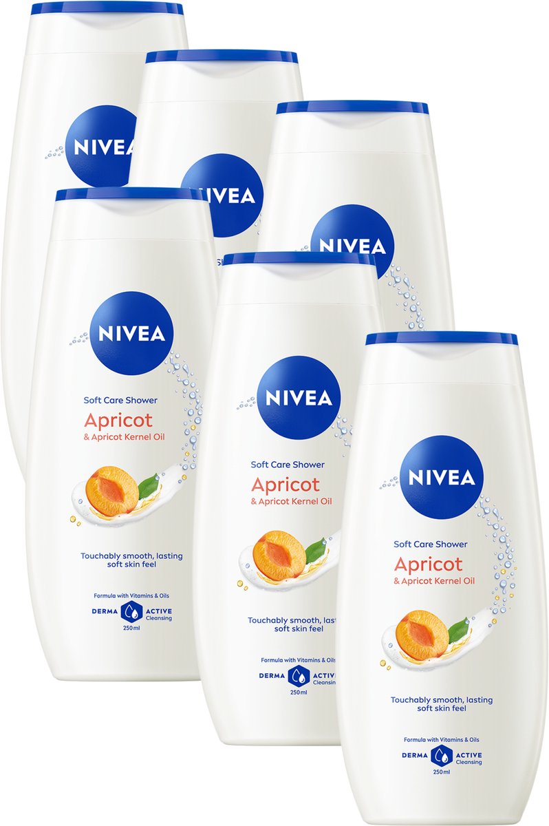 NIVEA Abrikoos & Abrikozenpitolie Soft Care Douchegel - Showergel - Vitamine C & E - Voordeelverpakking - 6x 250ml
