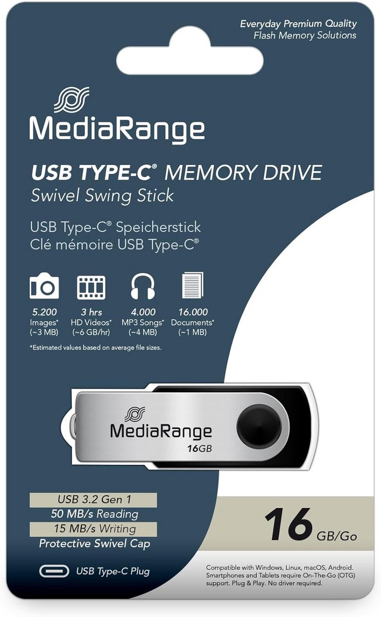 USB-C 3.2 Gen 1 Flashdrive 256 GB Met Draaibare Kap Zilver Zwart