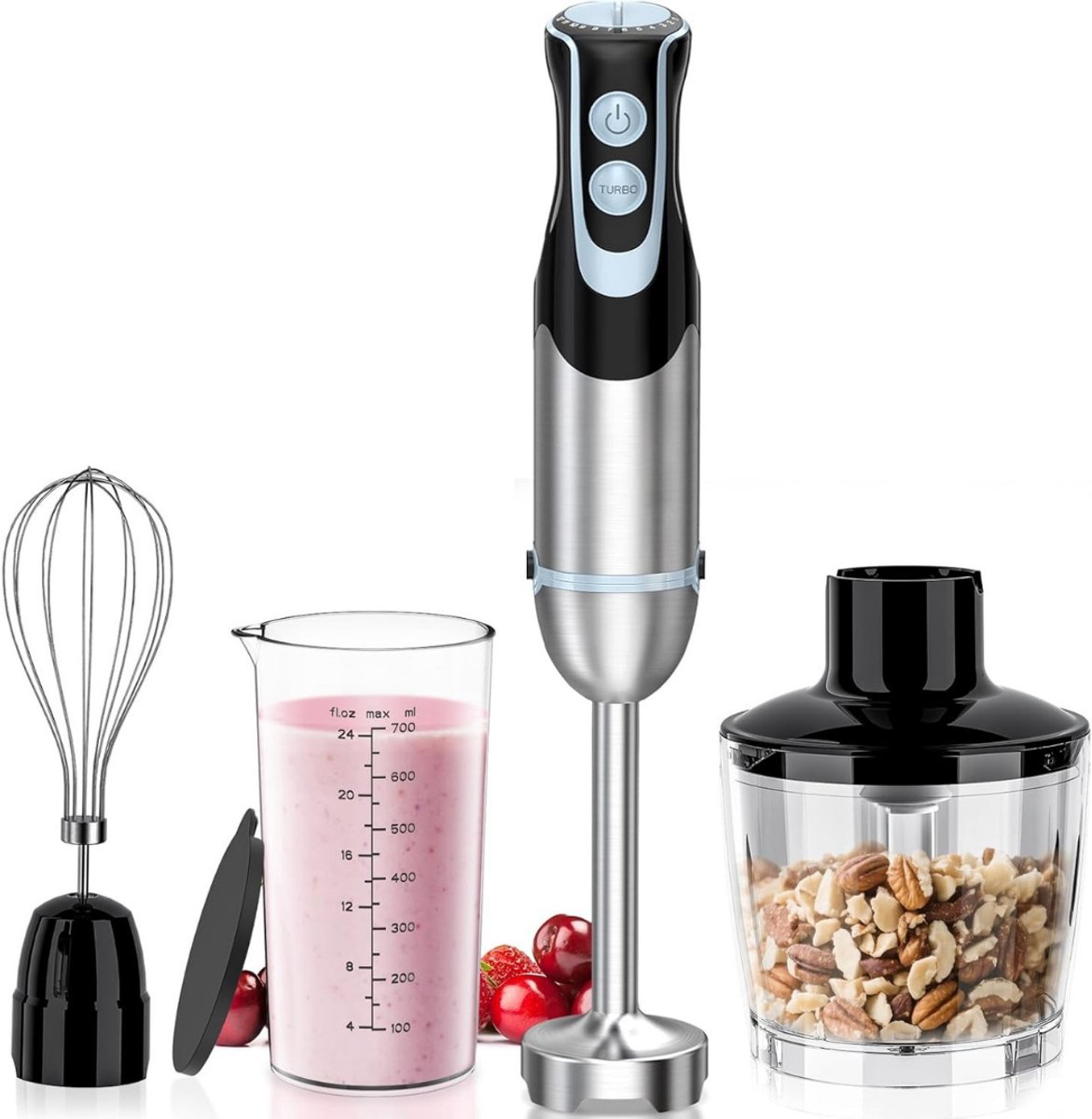 Zyrex® Staafmixer Set – 4-in-1 Staafmixerset Met 2 Snelheden en Turbofunctie – Hakmolen -Zwart en Zilver - 7cm x 7cm x 40cm