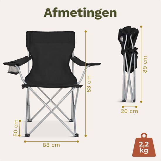 Zwarte klapstoel, 88cm breed, 83cm hoog, 50cm zithoogte. Gevouwen 20cm breed, 89cm hoog. Gewicht 2,2kg.
