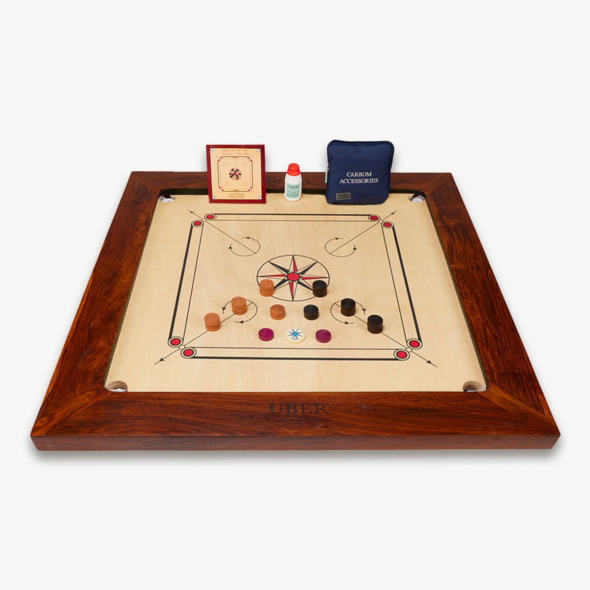 Ubergames- Carrom Board - Championship - 21kg - Made in India - 74x74cm Speelveld - Complete Set - Met Tafel