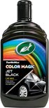 Achterkant van een fles Turtle Wax Color Magic Jet Black Car Wax met gedetailleerde informatie en een regenboog.