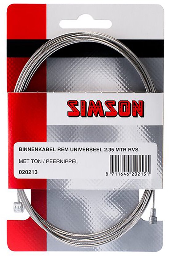 Simson binnenkabel rem universeel 2,35mtr rvs met ton/peernippel.