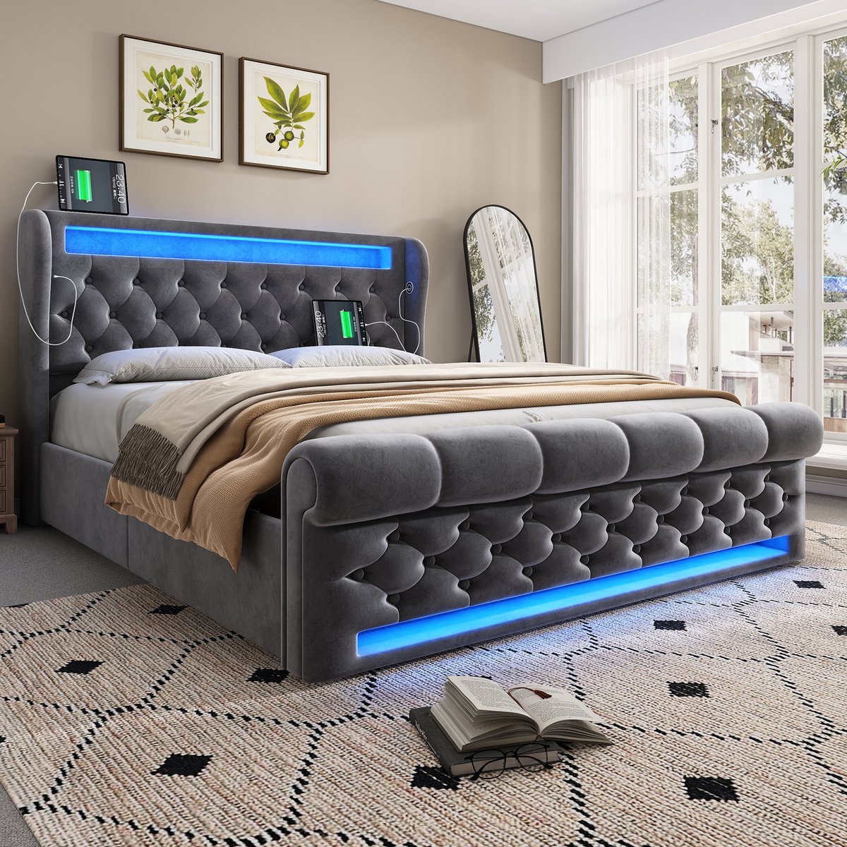 MIVRAY Gestoffeerd Bed 140x200 Cm - Met Led Verlichting En Usb En Type C - Hydraulische Opbergruimte - Fluweel - Grijs - Met Matras