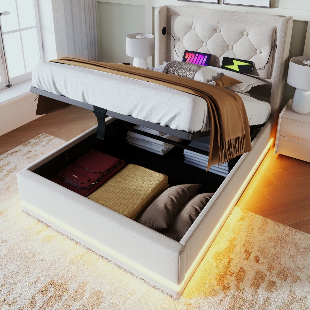 MIVRAY Gestoffeerd Bed 90x200 Cm - Met Hydraulische Opbergruimte En Usb En Type C - Met Driezijdige Led Verlichting - Katoen - Beige - Zonder Matras