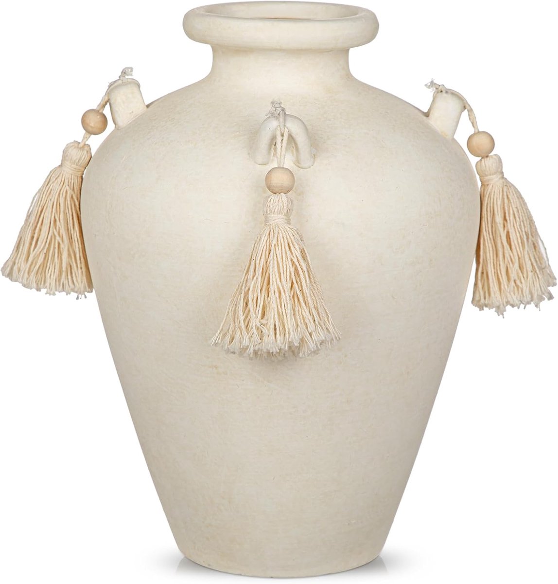 Famanu Beige keramische vaas met kwastjes - 24 cm hoge vazen voor bloemen - rustieke crèmekleurige vaas - decoratieve boho - vazen voor pampasgras - gedroogde bloemen - thuis - woonkamer - tafeldecoratie