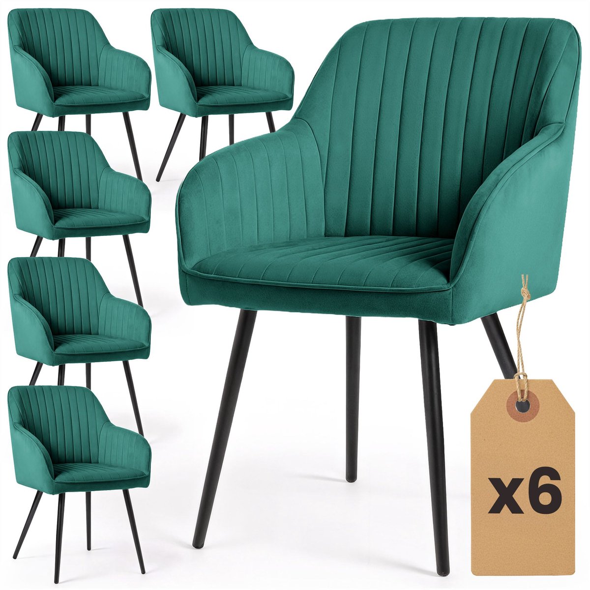Set van 6 Eetkamerstoelen FLORENCE met Armleuningen / Gestoffeerde Stoelen / Fluwelen Stoelen en Metalen Poten / Flesgroen met zwarte benen