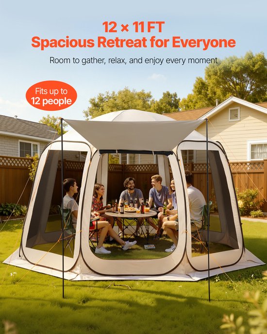 VEVOR Campingtent, 365,76 x 335,28 x 230 cm, pop-up tent met uitschuifbare luifel, partytent voor 10-12 personen, incl. draagtas en gaaswanden, voor terras en buitenactiviteiten, beige van Merkloos — afbeelding 3