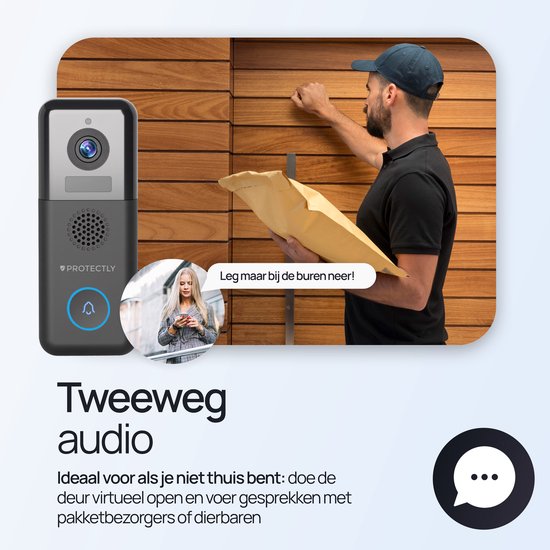 Man bezorger spreekt via de Protectly deurbel met camera. Vrouw communiceert via de app.