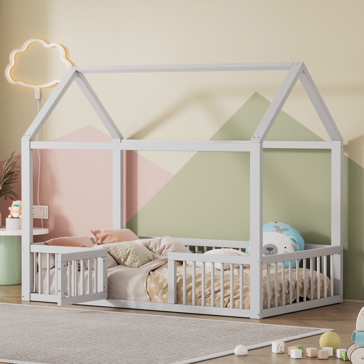 REDOM - Huisbed - Kinderbed met beschermingshekje en deur - Lattenbodem - Kinderkamer - Hout en MDF - Wit - 90 x 200 cm