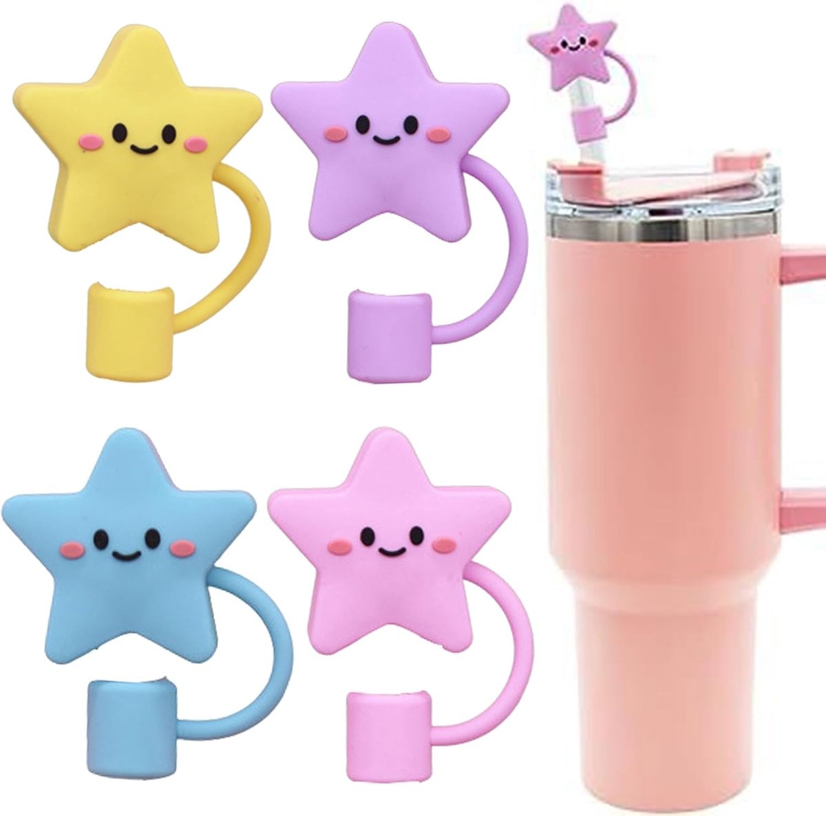 Set van 4 rietjeshoesjes, schattige rietjeshoesjes, herbruikbare hoesjes, siliconen rietjesdopjes, rietjesdopjes, rietjeshoesjes, beschermende accessoires