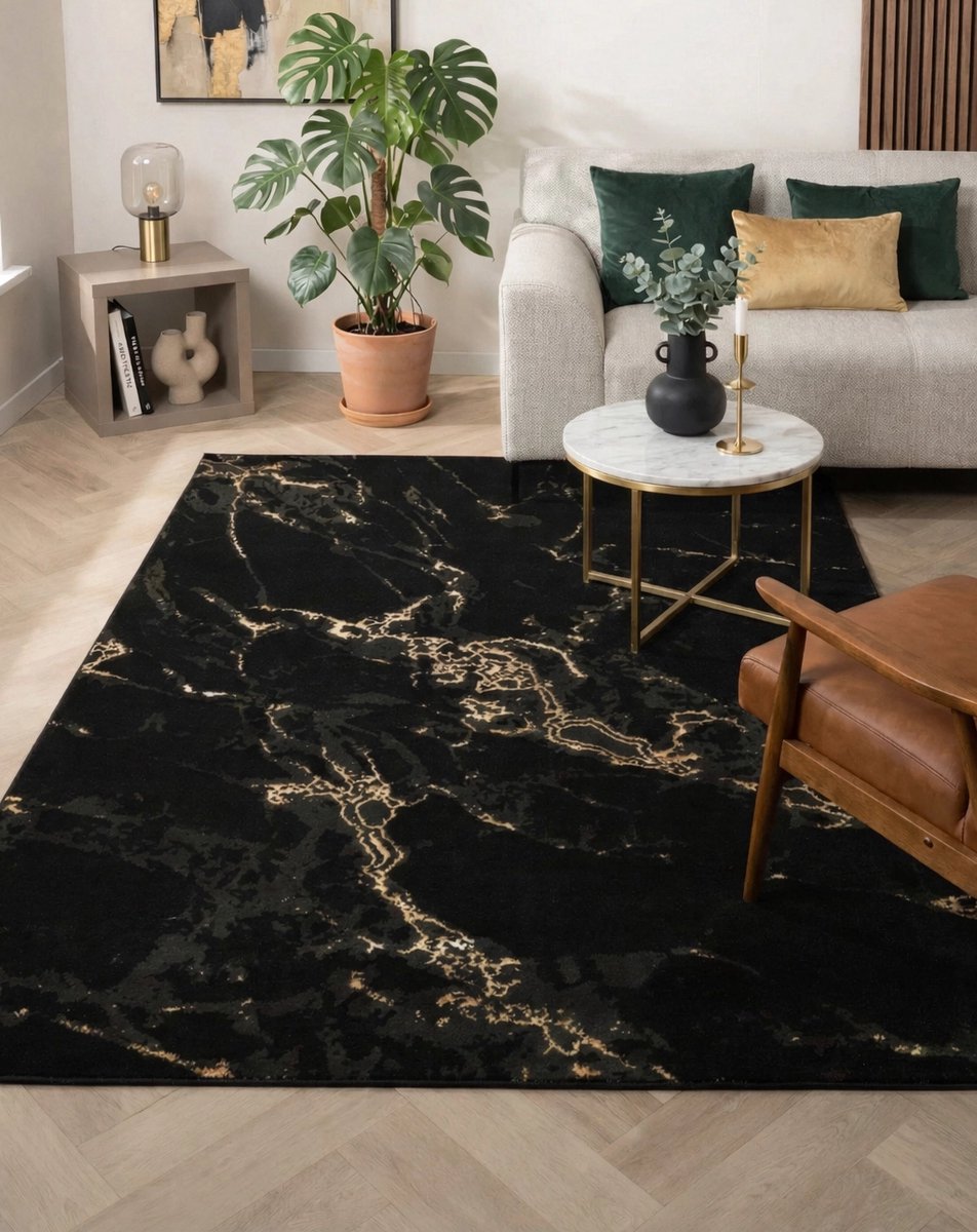 Flycarpets Marble Laagpolig Marmer Vloerkleed - Zwart / Goud - Luxe Tapijt - 160x230 cm