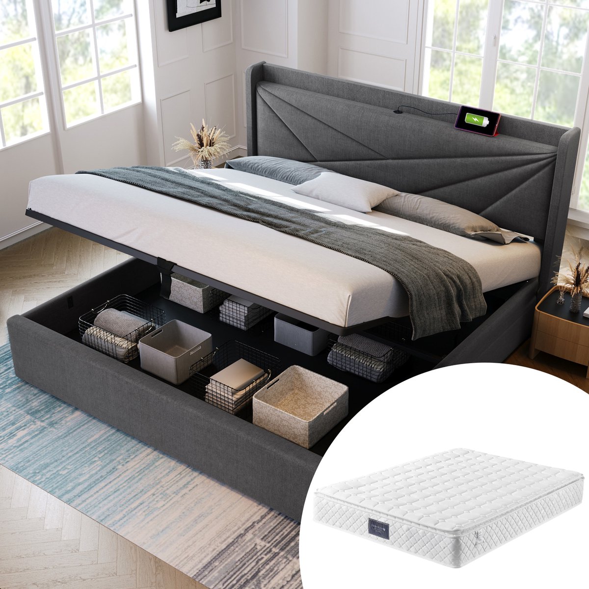 MIVRAY Gestoffeerd Bed 160x200cm - Met Opbergruimte En USB En Type C Laadpoorten - Voor Slaapkamer Of Logeerkamer - Katoen Linnen - Grijs - Met matras