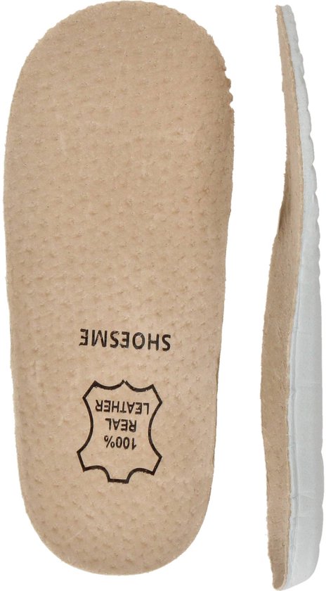 Witte binnenzolen met '100% REAL LEATHER' tekst en Shoesme logo.