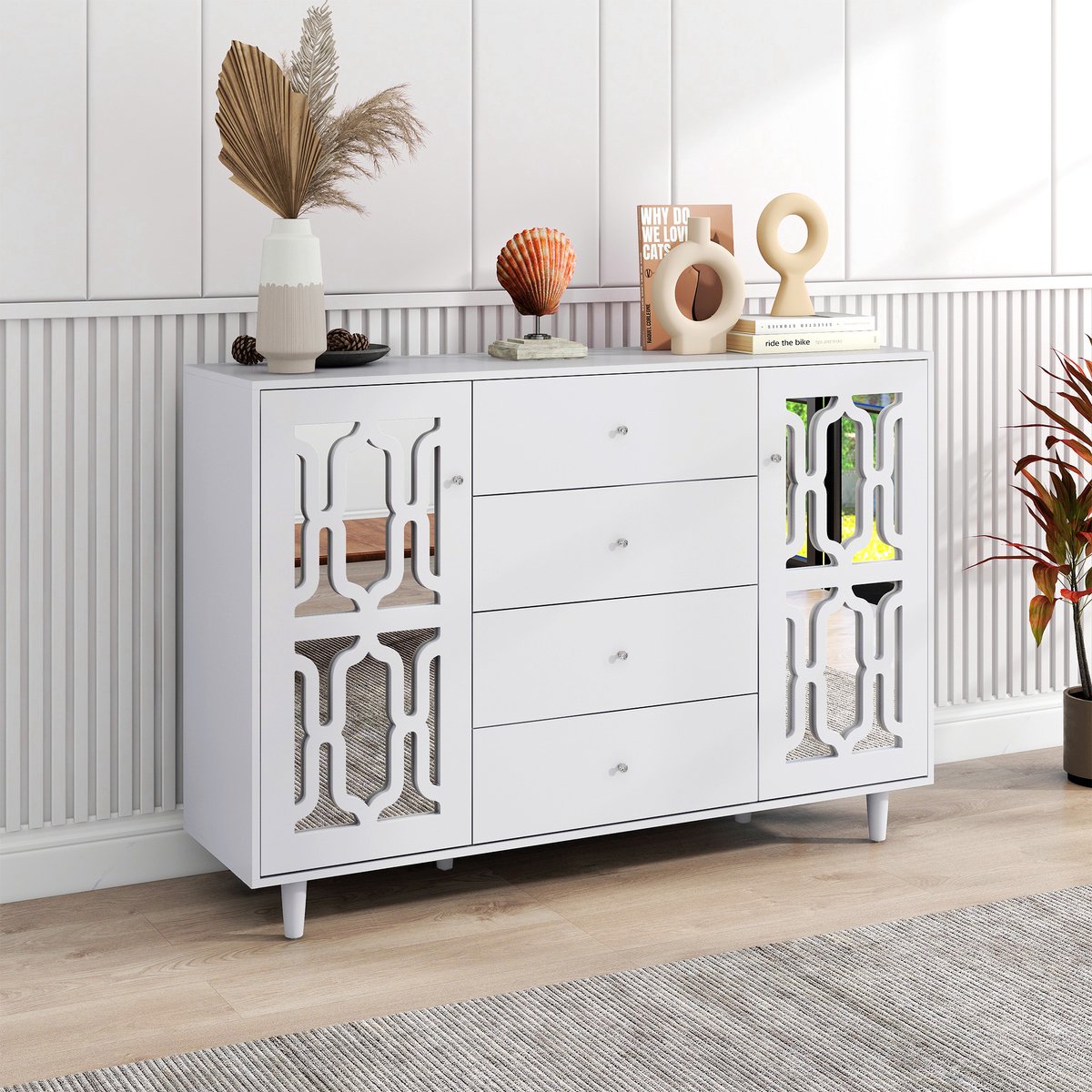 MIVRAY Dressoir - Spiegelpaneel Front Met Kristalglas Grepen - 2 Deuren En 4 Lades Voor Woon En Eetkamer - MDF - Wit