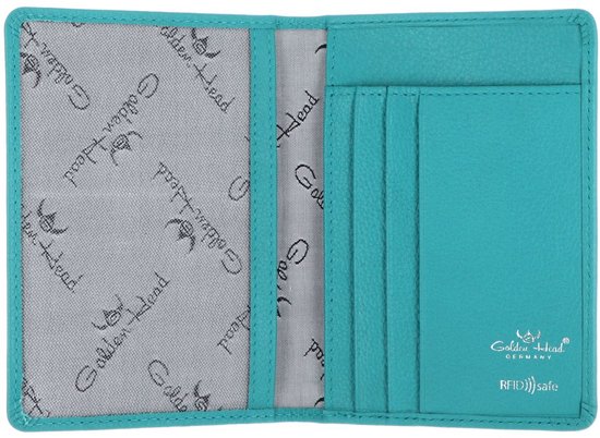 Turquoise portemonnee open met creditcard vakjes en RFID-logo.