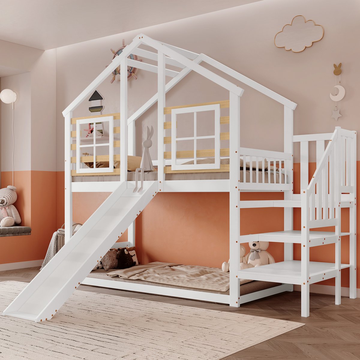 MIVRAY Stapelbed 90x200cm - Kinderbed Met Trap Met Leuning, Glijbaan En Raampjes - Massief Hout En MDF - Wit En Naturel - Zonder matras