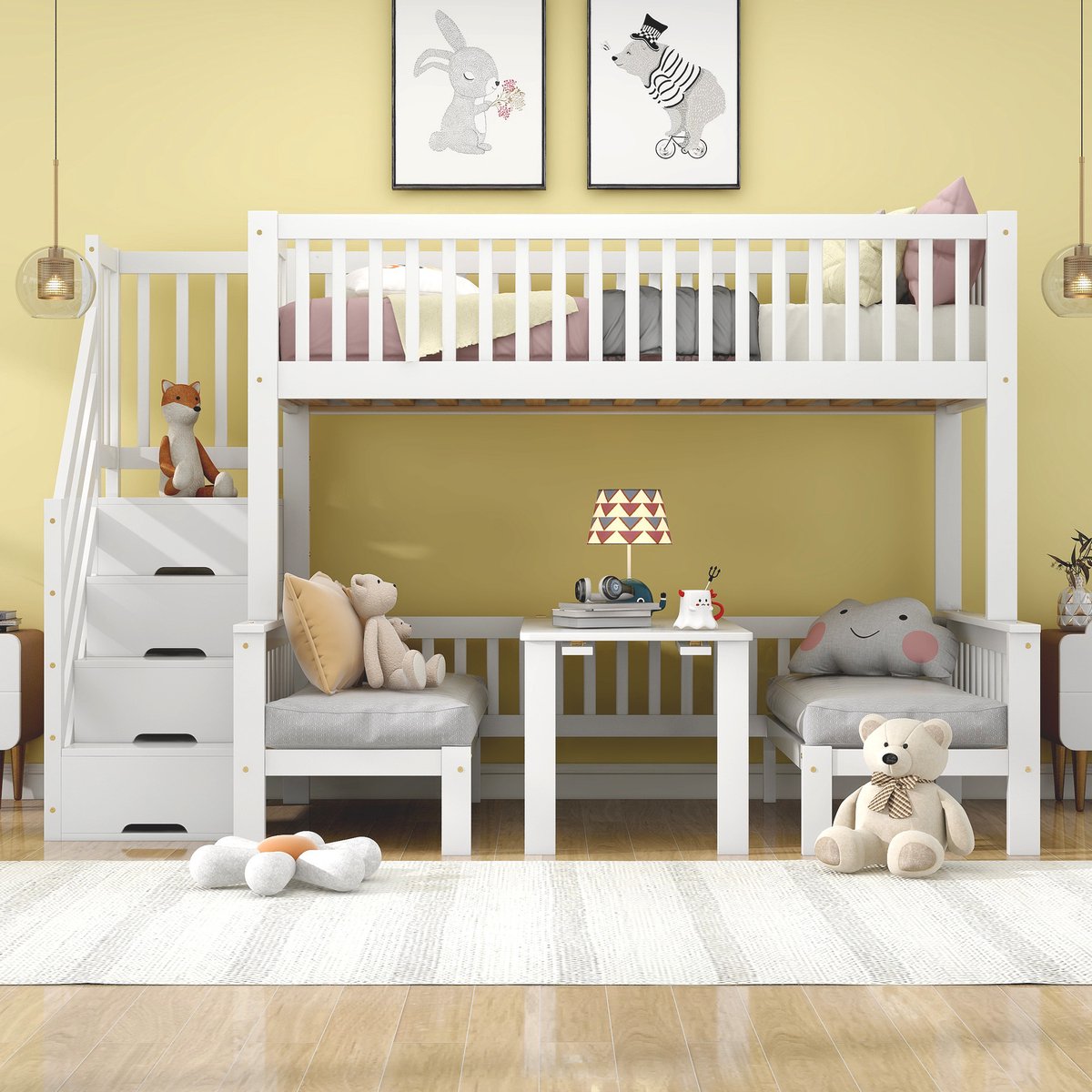 MIVRAY Stapelbed 90x200cm En 120x200cm - Met Opbergladder En Opklapbare Tafel - Voor Kinderkamer - Massief Hout En MDF - Wit - Zonder matras