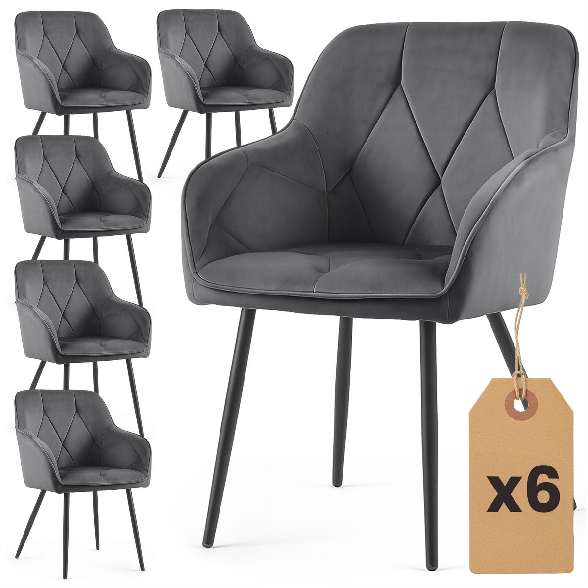 Set van 6 Eetkamerstoelen DIAMANTE met Armleuningen / Gestoffeerde Stoelen / Fluwelen Stoelen en Metalen Poten / Antraciet met zwarte benen