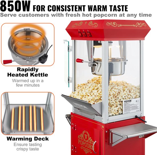 VEVOR Popcornmachine Popcornmachine Popcornmachine met Trolley 850W Popcorn 8oz Rood — afbeelding 5