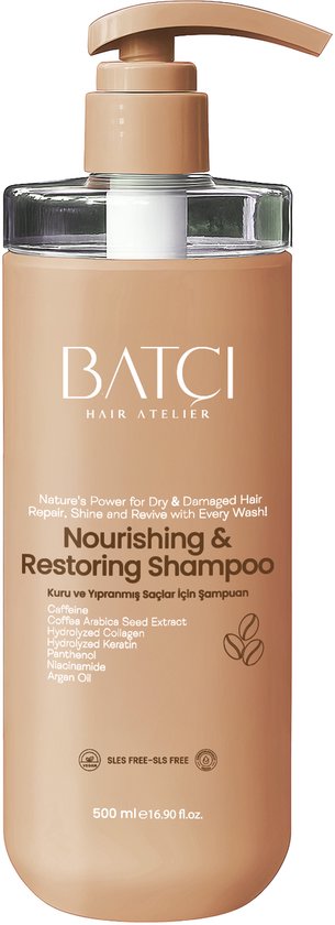 Bouteille beige avec pompe, BATCI Nourishing & Restoring Shampoo. Sans arrière-plan.
