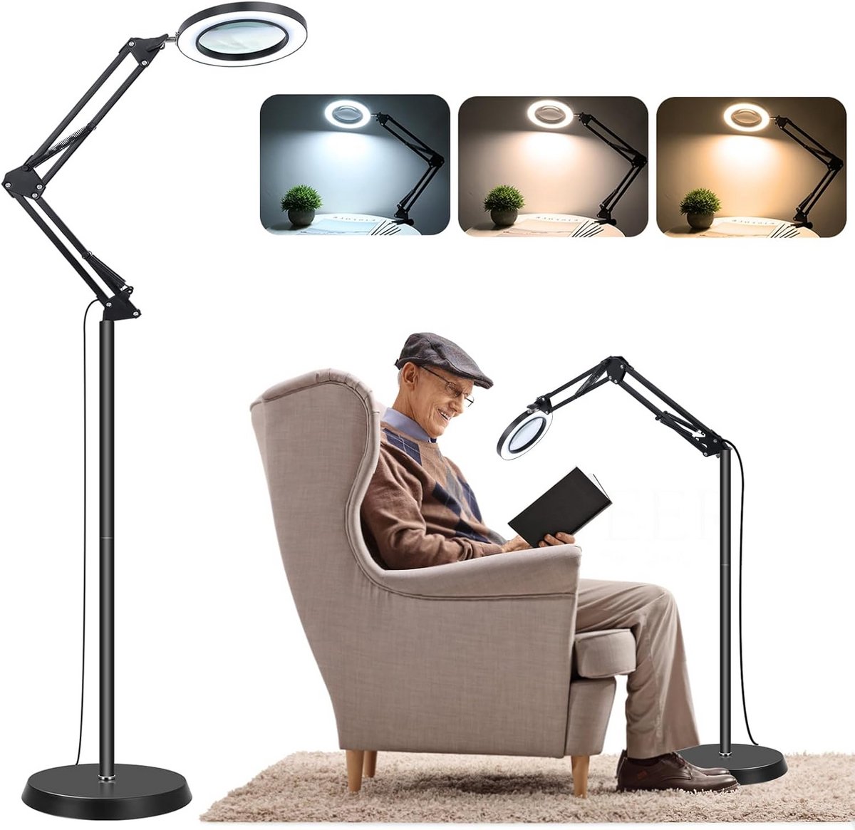 Vergrootvloerlamp 10X met Dimbare LED Verlichting, 3 Kleurtemperaturen, 4,3 inch Glas Lens voor Leseen, Handwerken en Detailwerk