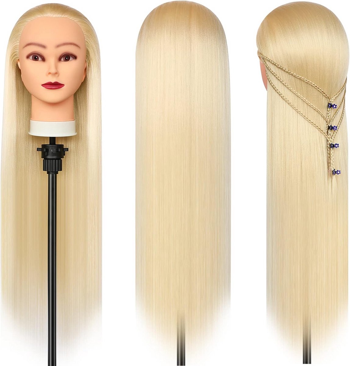Trainingshoofd 28 inch met blond haar – 100% synthetische vezels – inclusief gratis klem en vlechtenset – voor kapperstraining en DIY kapselcreaties