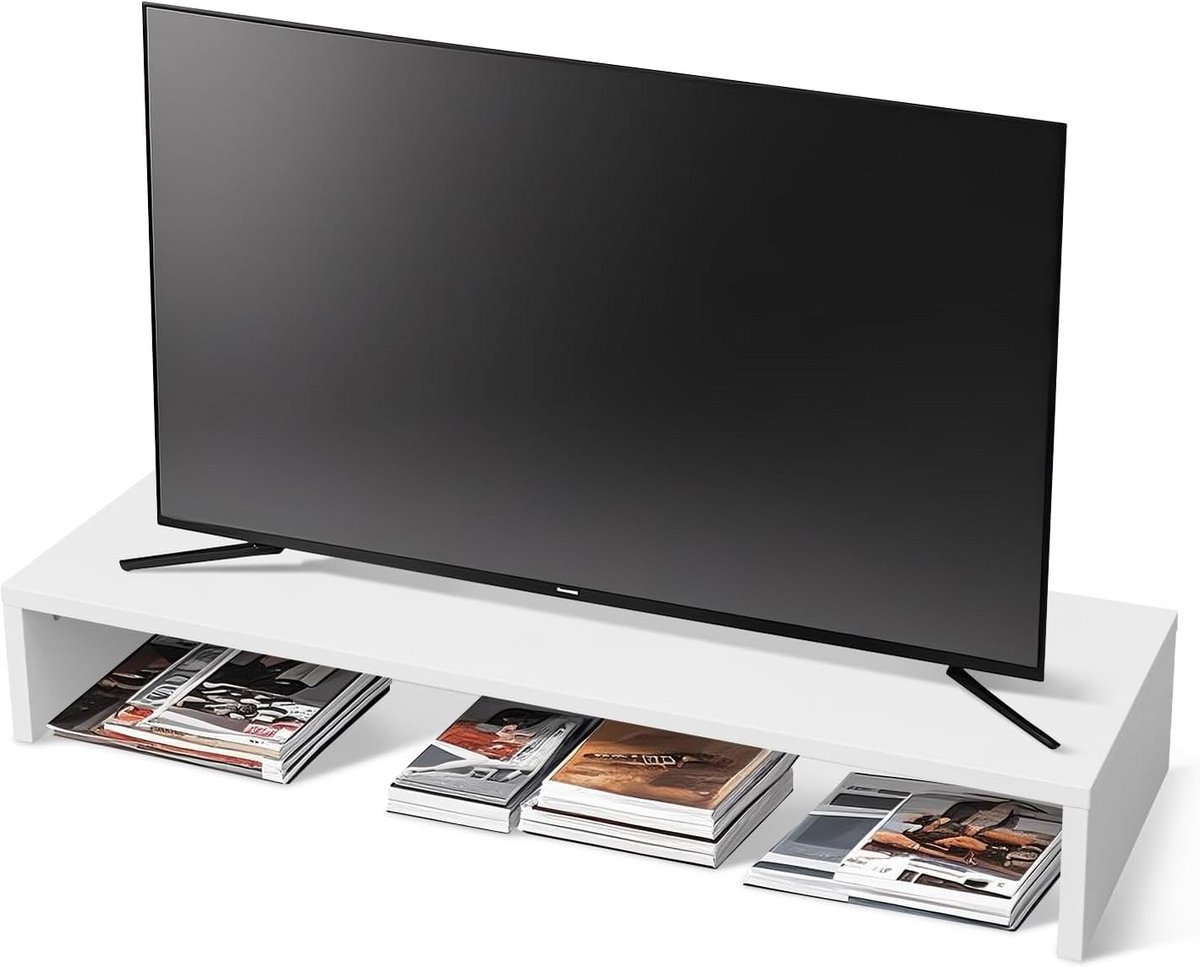 Tv-opzetstuk met verhoging, pc-rek en beeldschermverhoging voor meerdere toepassingen, hoogglans afwerking voor ruimtebesparing en modern design, wit in afmeting 90 x 35 x 15 cm