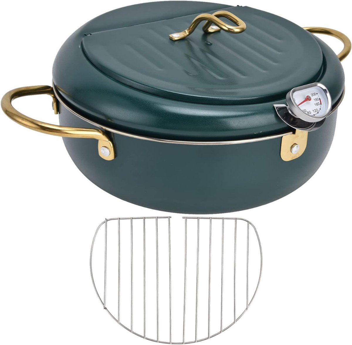 Aurixi® Japanse Tempura Friteuse Potthermometer - RVS Japanse Frituurpan 3.4L - Friteuse Pan - Kippenpot - met Thermometer - Groen - 34cm x 34cm x 11cm