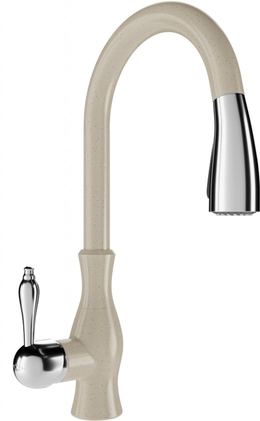 Beige keukenkraan met beige spiraalvormige slang en chromen hendel. Gestippeld patroon op de kraan.