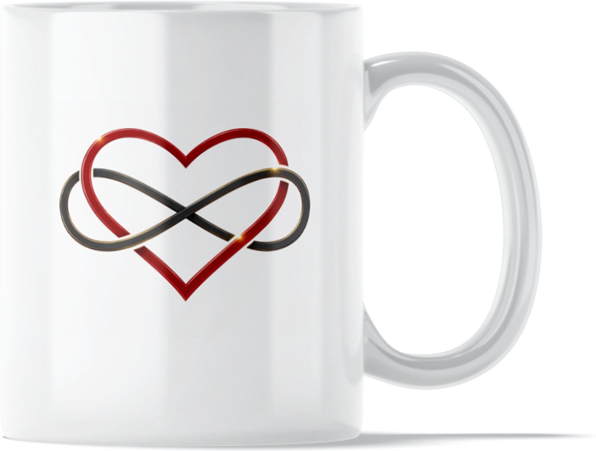 Infinity hart mok – premium valentine design – rood zwart – liefde, oneindigheid, verbondenheid, romantiek, passie, trouw, relatie, jubileum – cadeau voor valentijn, partner, geliefde, vriend, vriendin