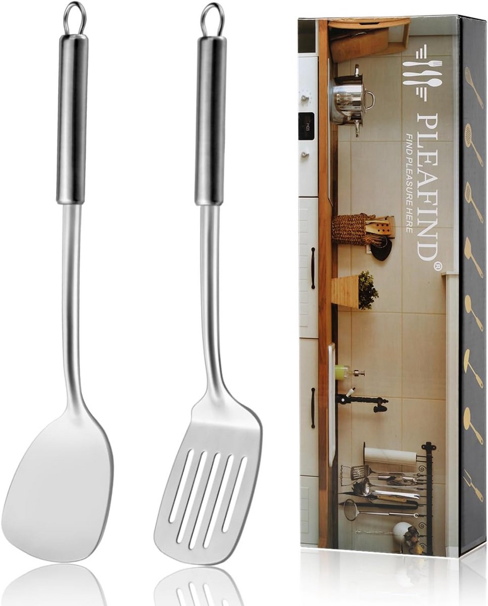 Roestvrijstalen spatels set, 2-Delige Stevige & Gegroefde Spatelset, Wokgerei, Kookgerei, Wokspatel voor Thuis, Keuken en Restaurant, Vaatwasmachinebestendig