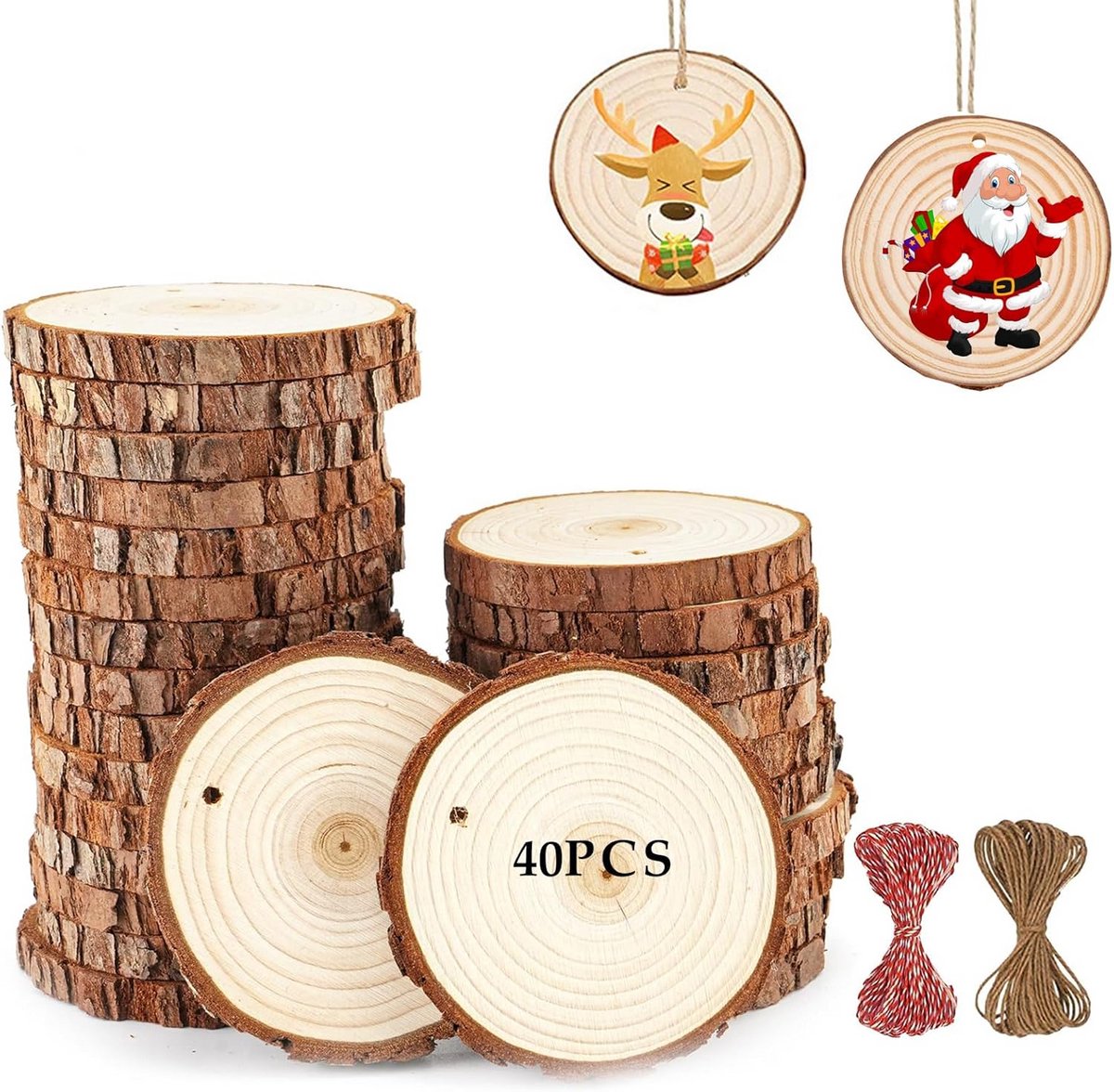 40 stuks ronde houten schijven van 5-6 cm met gat, natuurlijk grenenhout met katoen veters voor knutselen, bruiloft en decoratie