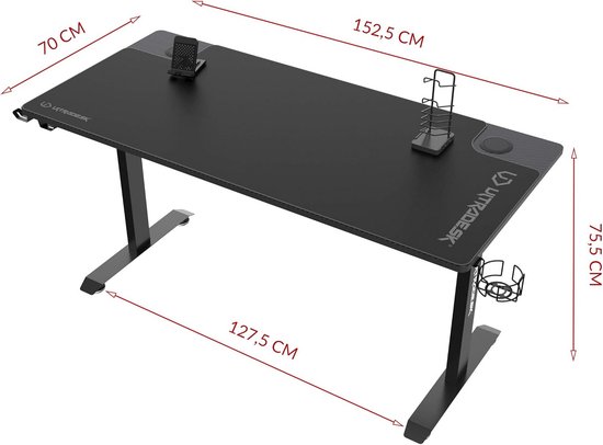 Gamingtafel met groot werkblad, XXL muismat, telefoonhouder en bekerhouder - Stalen constructie, 130 kg laadvermogen - Zwart, 152,5x70 cm — afbeelding 2