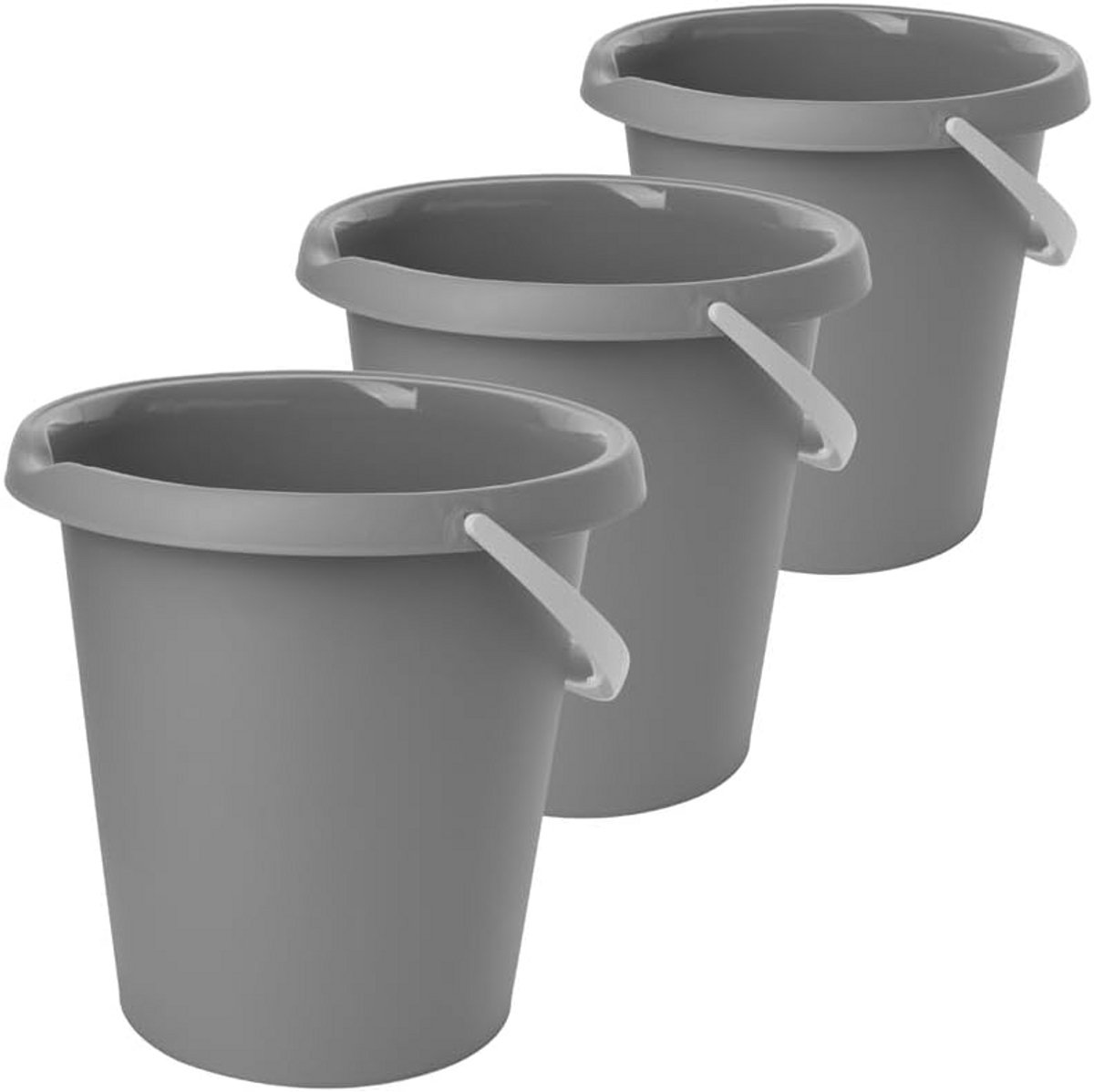 Set van 3 Poets Emmer Basic 10 Liter - Robuuste Kunststof Schoonmaakemmers Lichtgrijs
