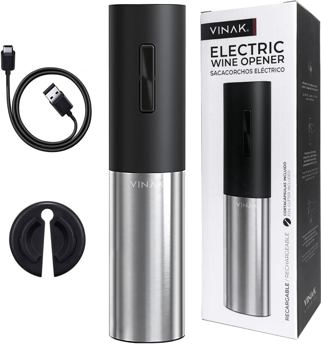 Oplaadbare Elektrische Kurkentrekker RVS met USB-C Kabel en Kurkverwijderaar