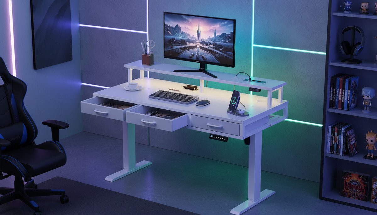 Electric Desk Casa Velluto Elevare Pro 120 cm – In hoogte verstelbaar bureau met 3 lades, monitorstandaard, ingebouwde USB-poorten, stopcontacten en LED-lichtstrip – Ergonomisch staand bureau voor thuis, kantoor en gaming – Wit