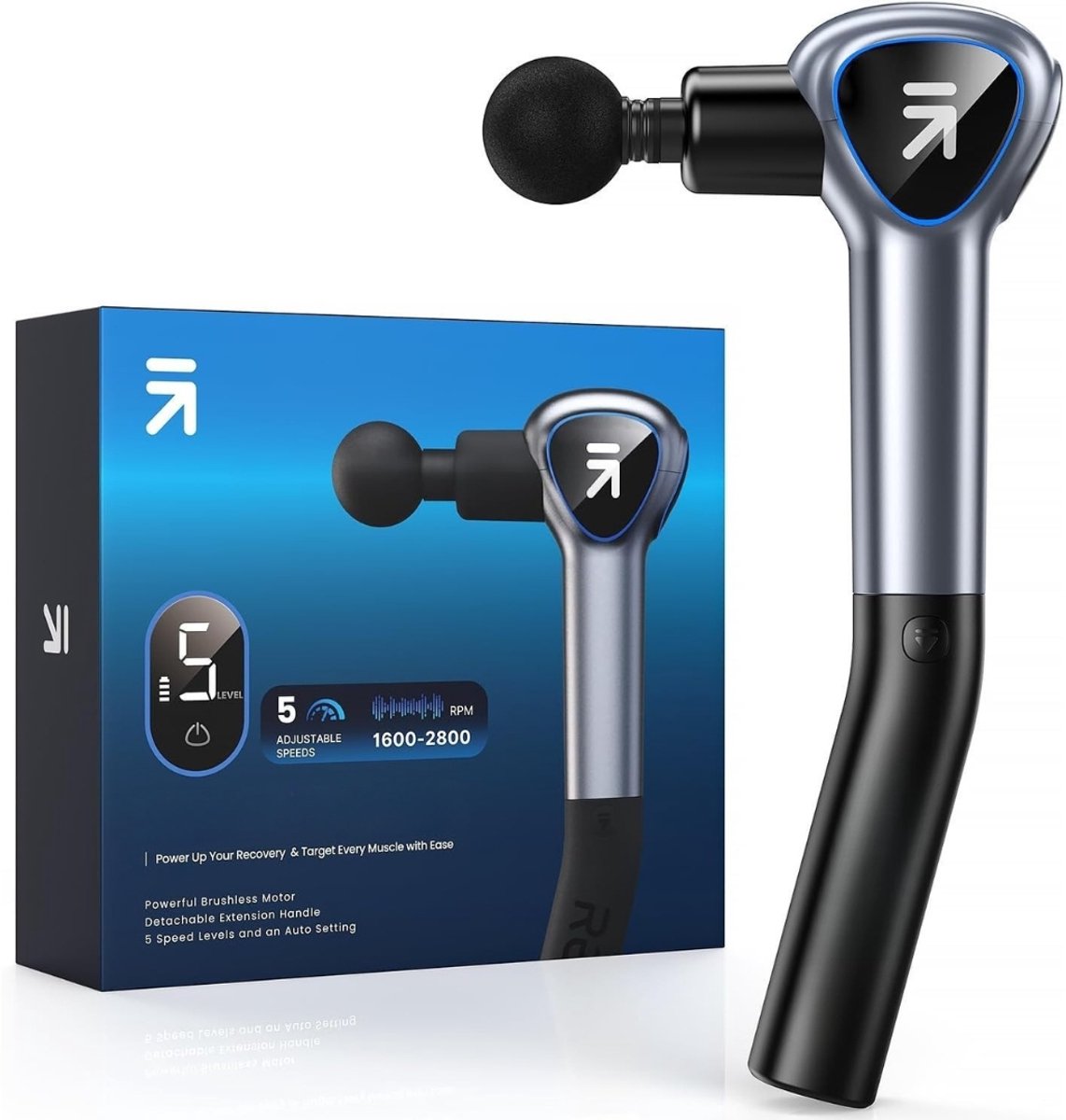 Massage Gun Professioneel Met Verlengarm - Massage Pistool - Sport en Relax Massage Apparaat - 4 Massagekoppen - Krachtig en Draadloos - Grijs