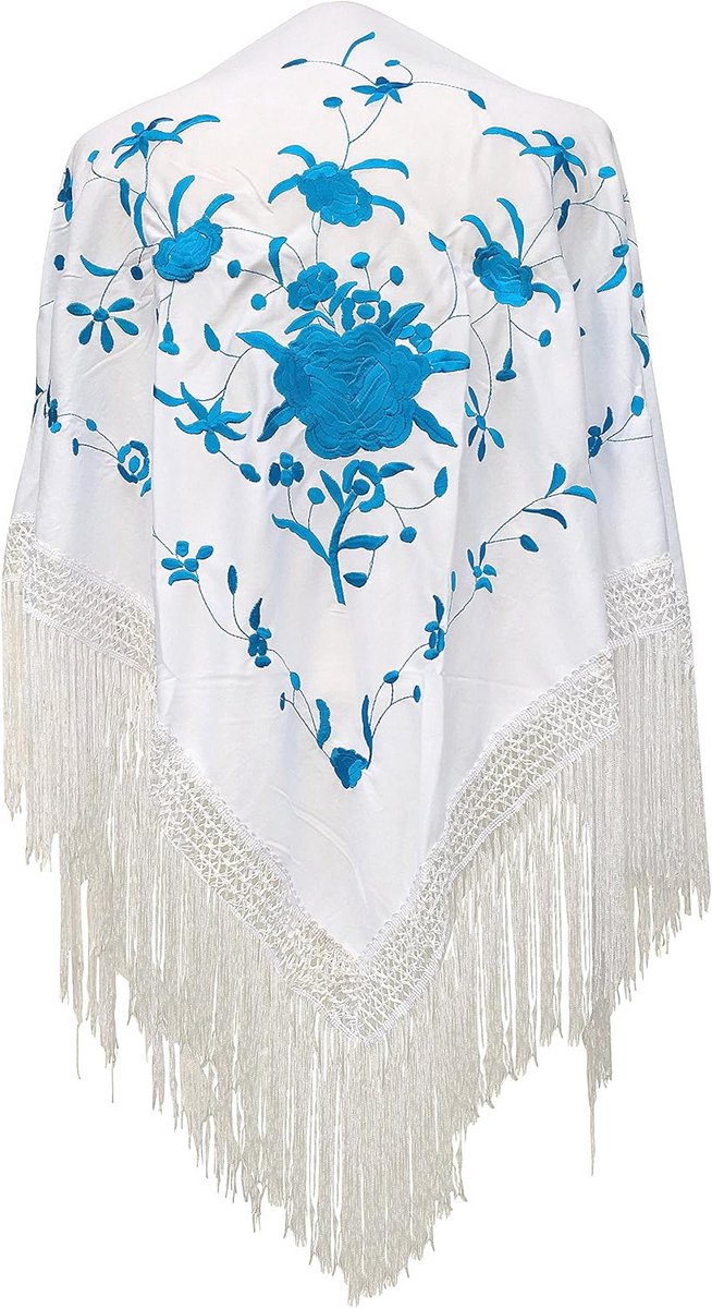 Witte en blauwe Spaanse omslagdoek met bloemenpatroon