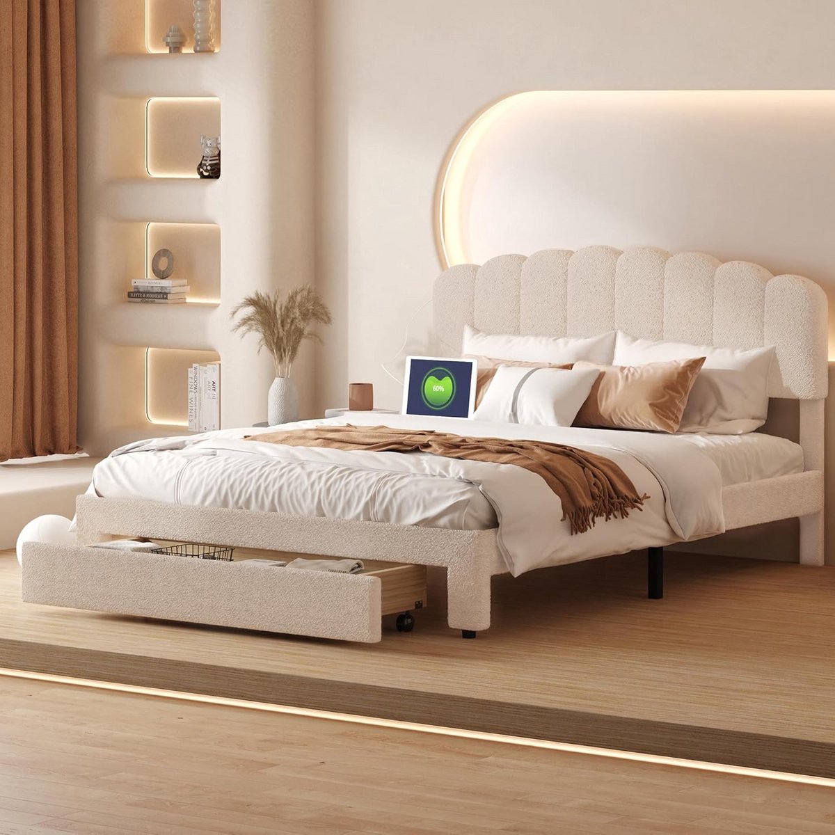 Tweepersoons Kinderbed 160x200cm Meisjesbed met Lade, USB & Type-C, Verstelbaar Hoofdeinde