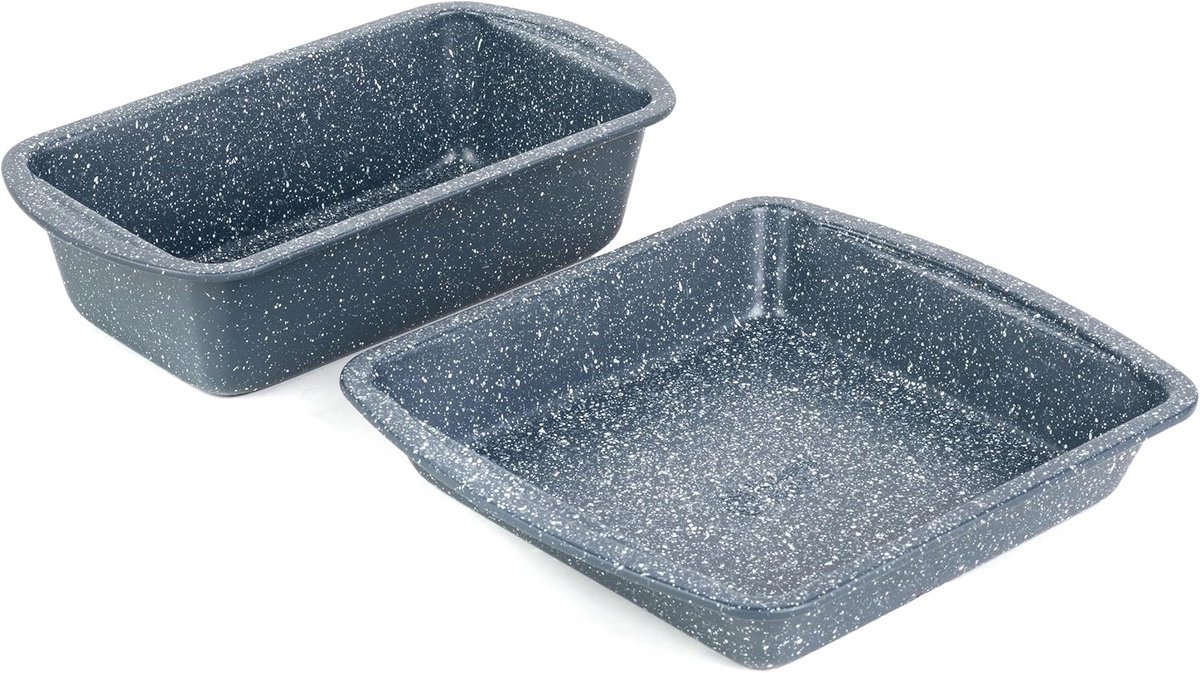 Non-Stick Loaf Tin & Square Pan Set - Carbon Steel Oven Trays for Baking Cakes/Bread/Brownies - Easy Clean with Handles - Nightfall Stone Collection Blue Marble - 2 Piece Set Square baking pan