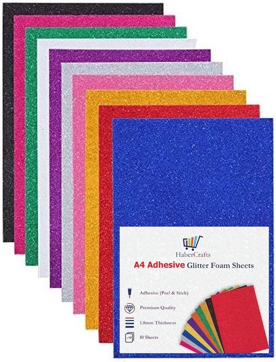 Zelfklevende Glitter Schuimvellen A4 - 10 Kleuren Zelfklevend EVA Foam
